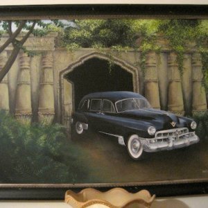 Painting of the 1949 Miller Cadillac Landau hearse